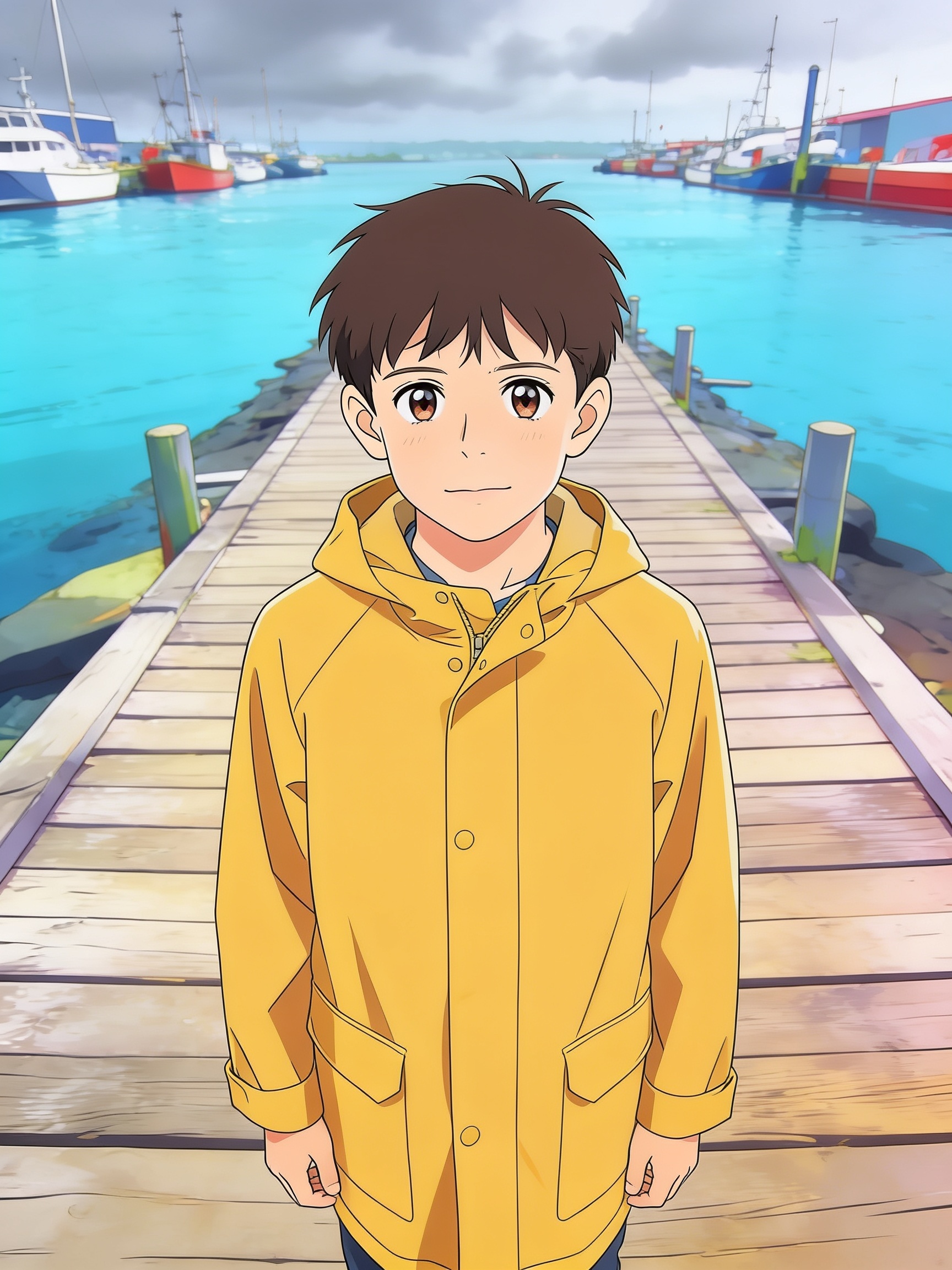 Anime: Restyle as an anime key visual — same boy on the pier