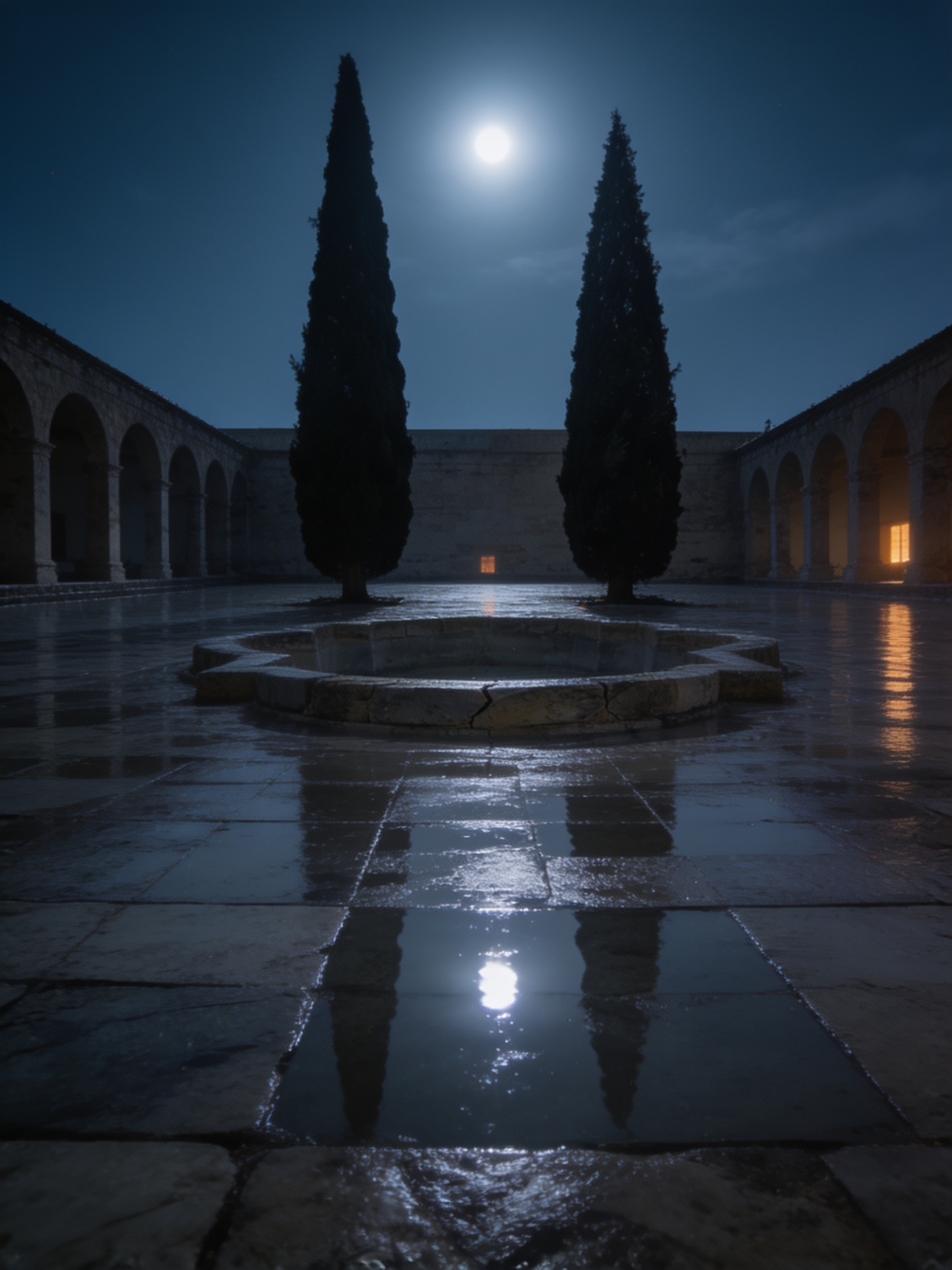 Mood: Flood the plaza at night — same fountain and trees