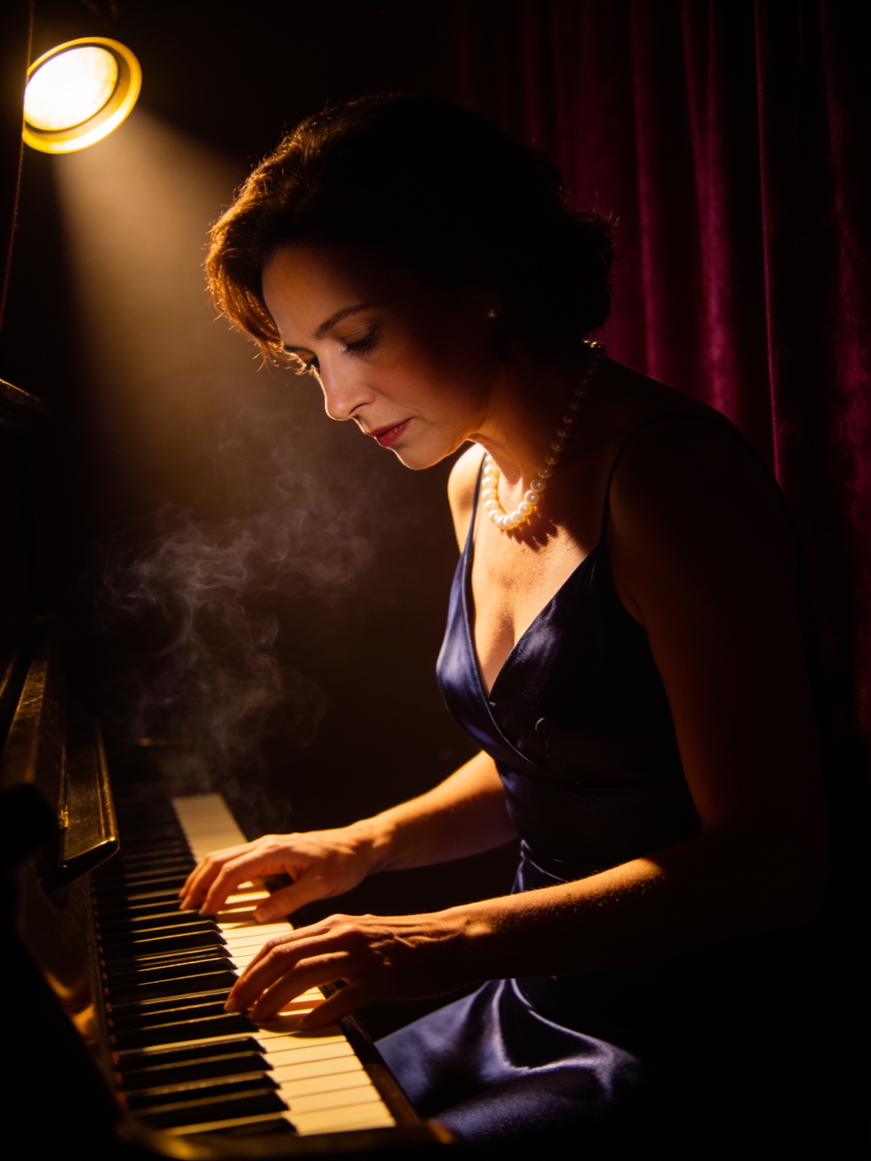 Relight: Relight as a Rembrandt jazz-club key — same pianist, pose and crop