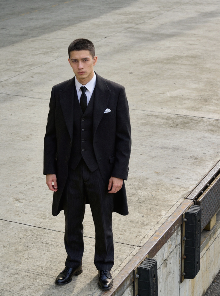 Restyle: Restyle wardrobe to a 1920s three-piece — keep face, pose and dock