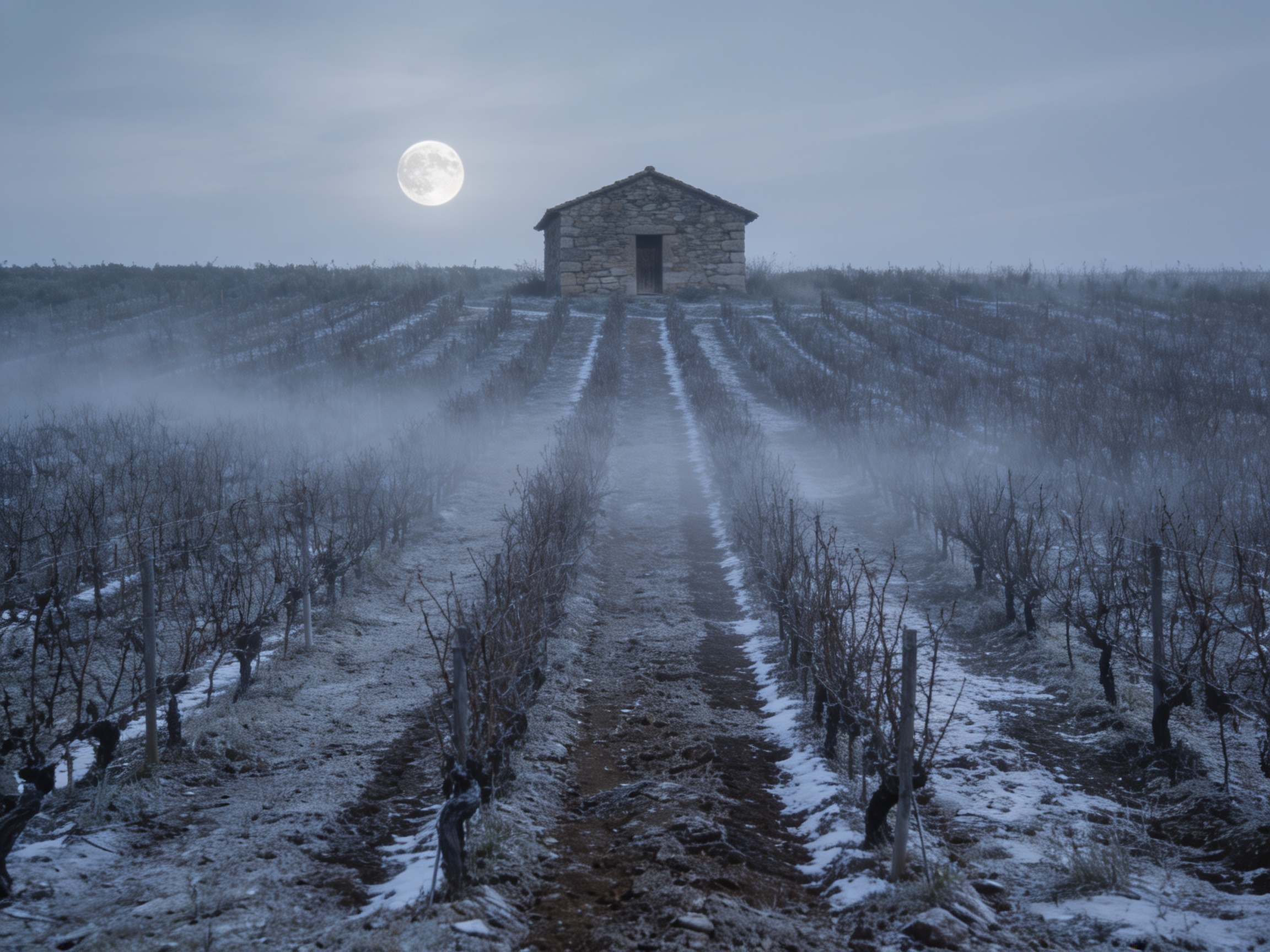 Season: Same vineyard geometry, winter frost and silver light