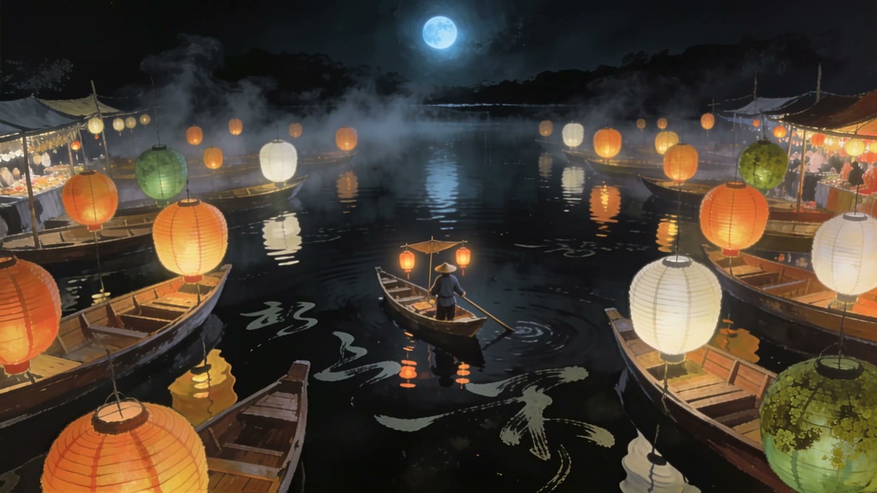 Lantern boats, reference-to-video still on UmZobo. Same lake market, a boat poles through