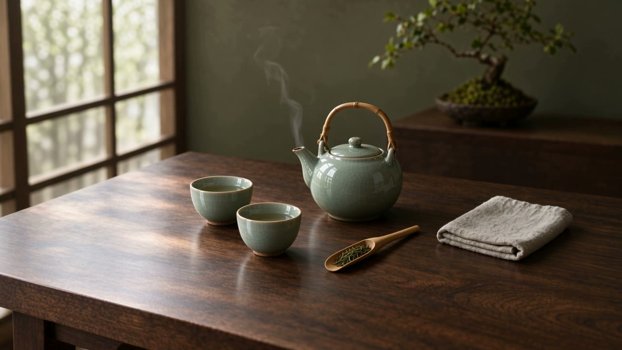 Celadon set, reference-to-video still on UmZobo. Same teapot, turning with steam