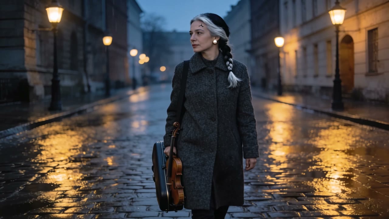 Violinist, reference-to-video still on UmZobo. Same woman, violin case, wet street